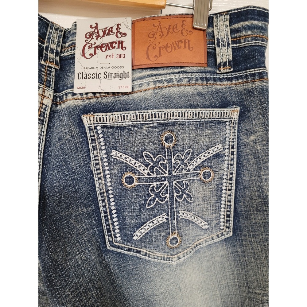 Axe Crown Classic Mens Jeans Embroidered Pockets Straight Sediment Wash 33 x 30 - Picture 3 of 8